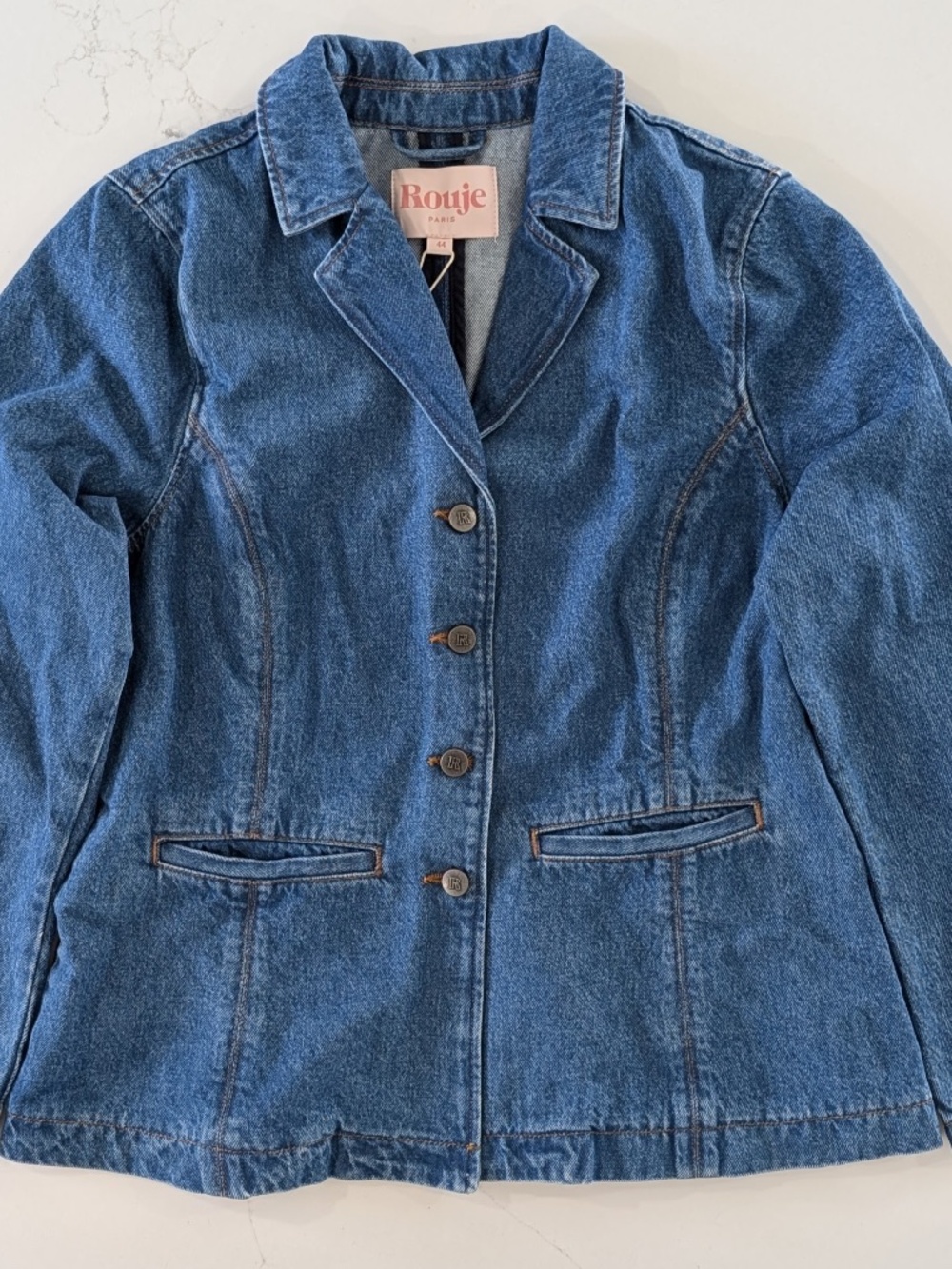 Rouje Paris Ulysse Denim Jacket Blazer 44 US 12 Indigo Blue Fitted Button Up NWT